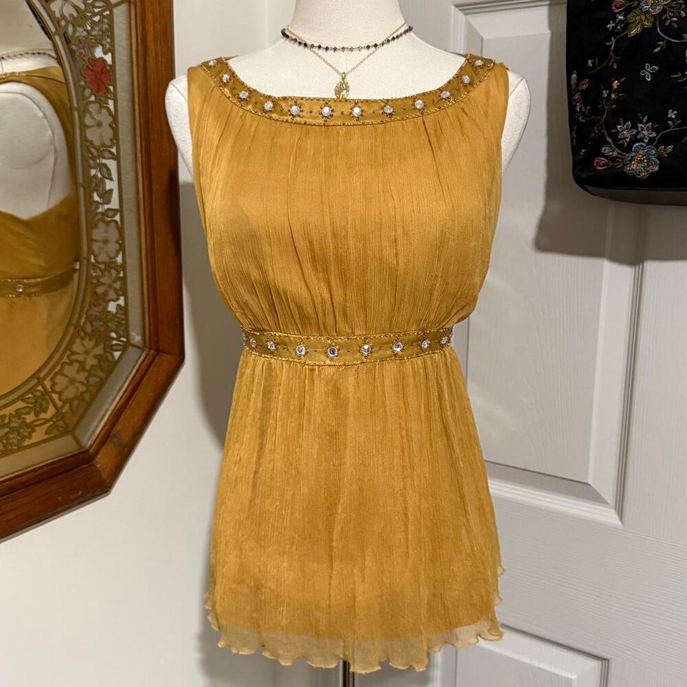 VTG Y2K Spenser Jeremy Sunny Yellow Ribbed Silk Purple Beaded Sleeveless top M